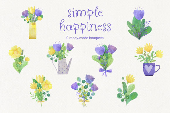 Set of Watercolor Bouquets and Illustrations